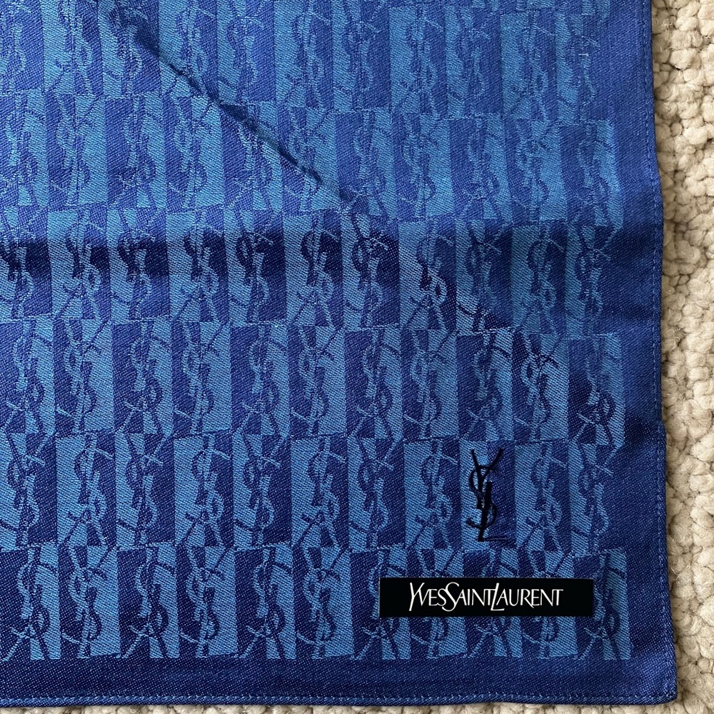 New Yves Saint Laurent Pocket Square Bandana Handkerchief Scarf YSL Logo Blue